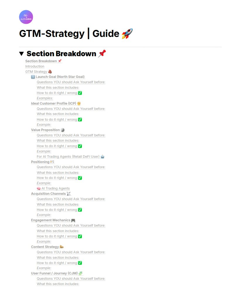 Section breakdown of a Go-To-Market Strategy Guide for startups, showing core GTM sections: launch goal, ICP, value proposition, positioning, acquisition channels, engagement mechanics, content strategy, and user funnel. Visual overview of actionable GTM blocks for SaaS, Web3, and AI founders.
