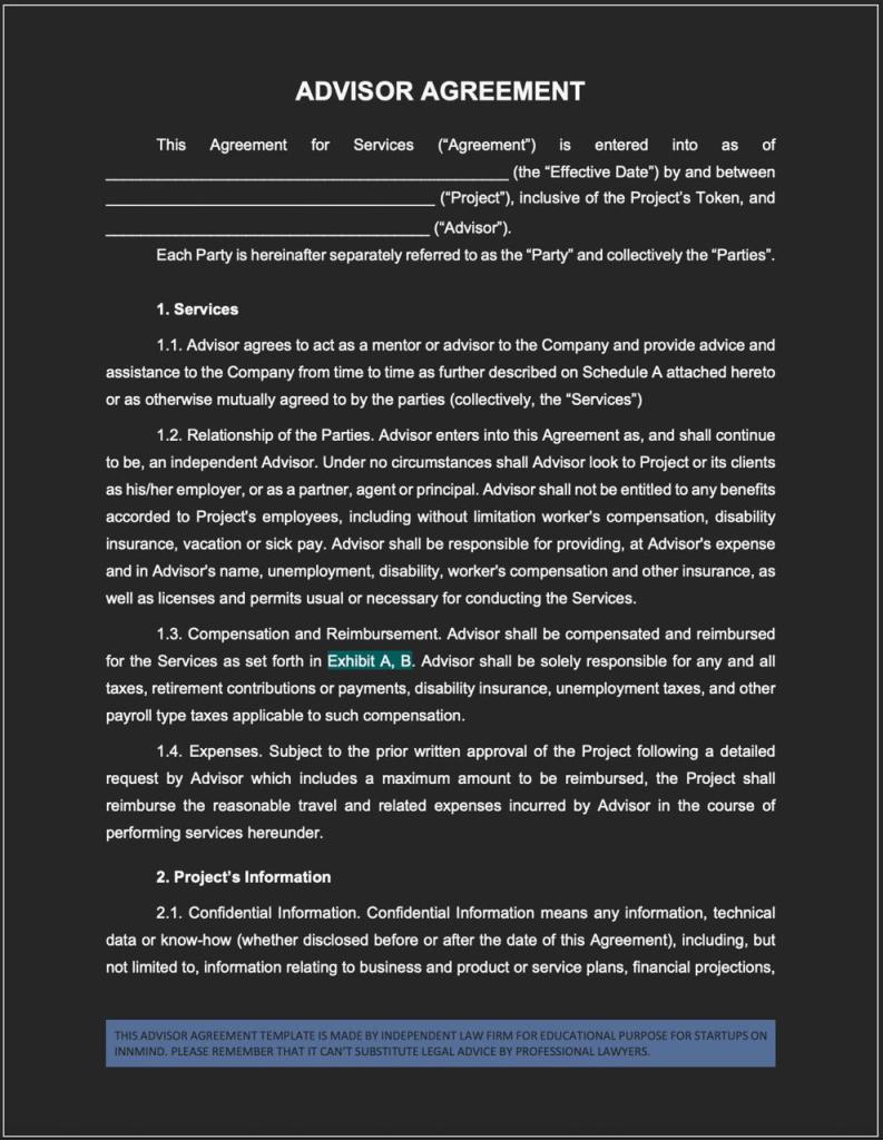 First page of the Advisor Agreement Template for Web3 startups, 2025 edition