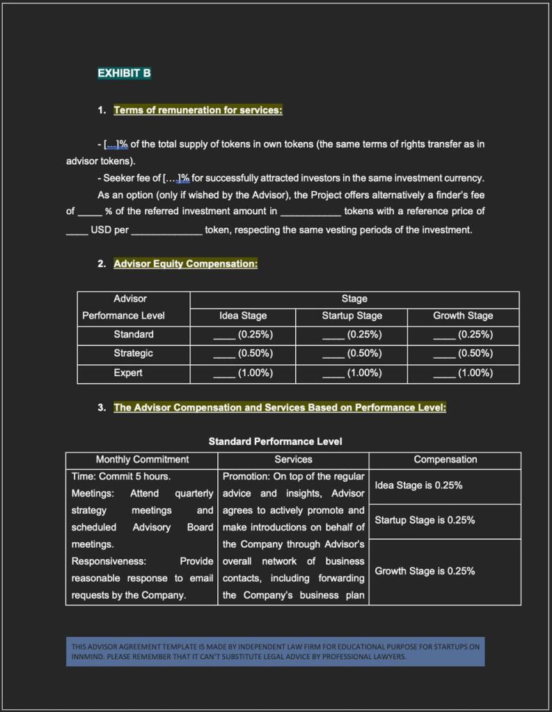 Web3 Advisor Agreement Template Exhibit B: Token-based and milestone/KPI-based compensation for advisors