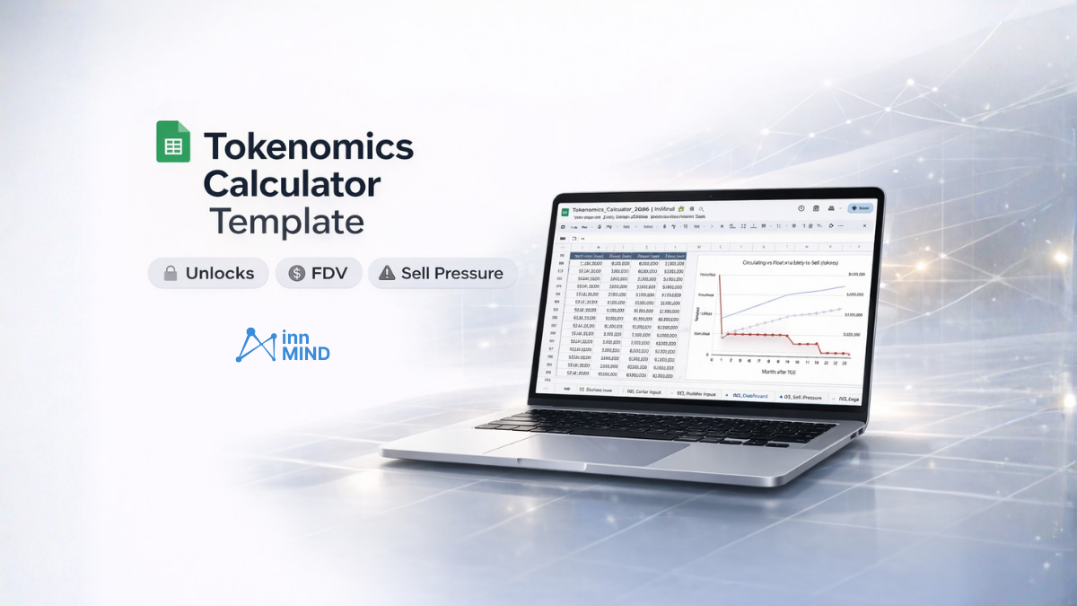 Tokenomics calculator template screenshot for Web3 founders showing vesting unlocks, FDV scenarios and post-TGE sell pressure