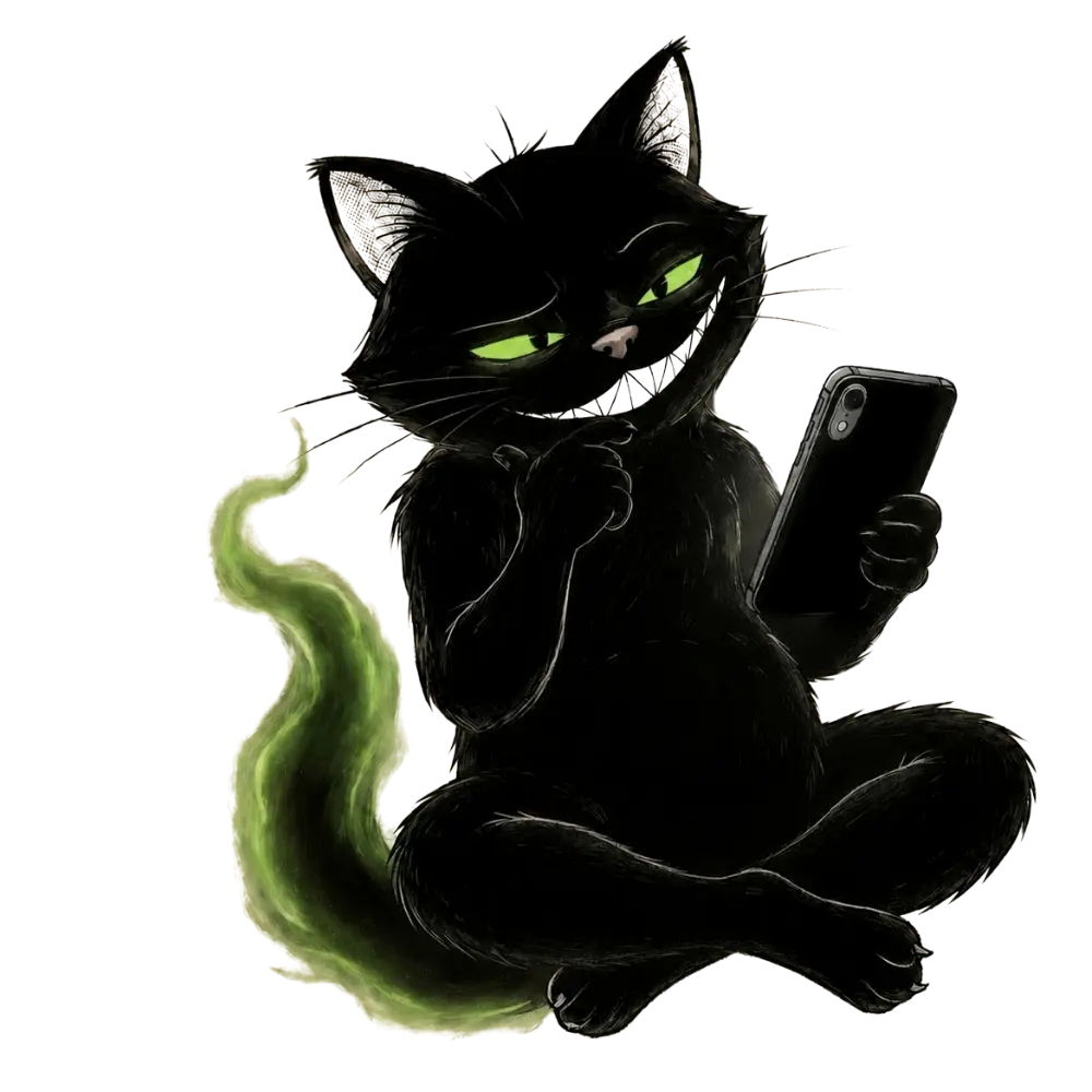 PitchPop mascot — a black cat reading a Web3 raise on a phone